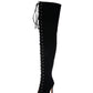 Black Suede Lace Up Peep Toe Thigh High Boots