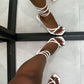White Faux Leather Strappy Lace Up Square Toe Heels