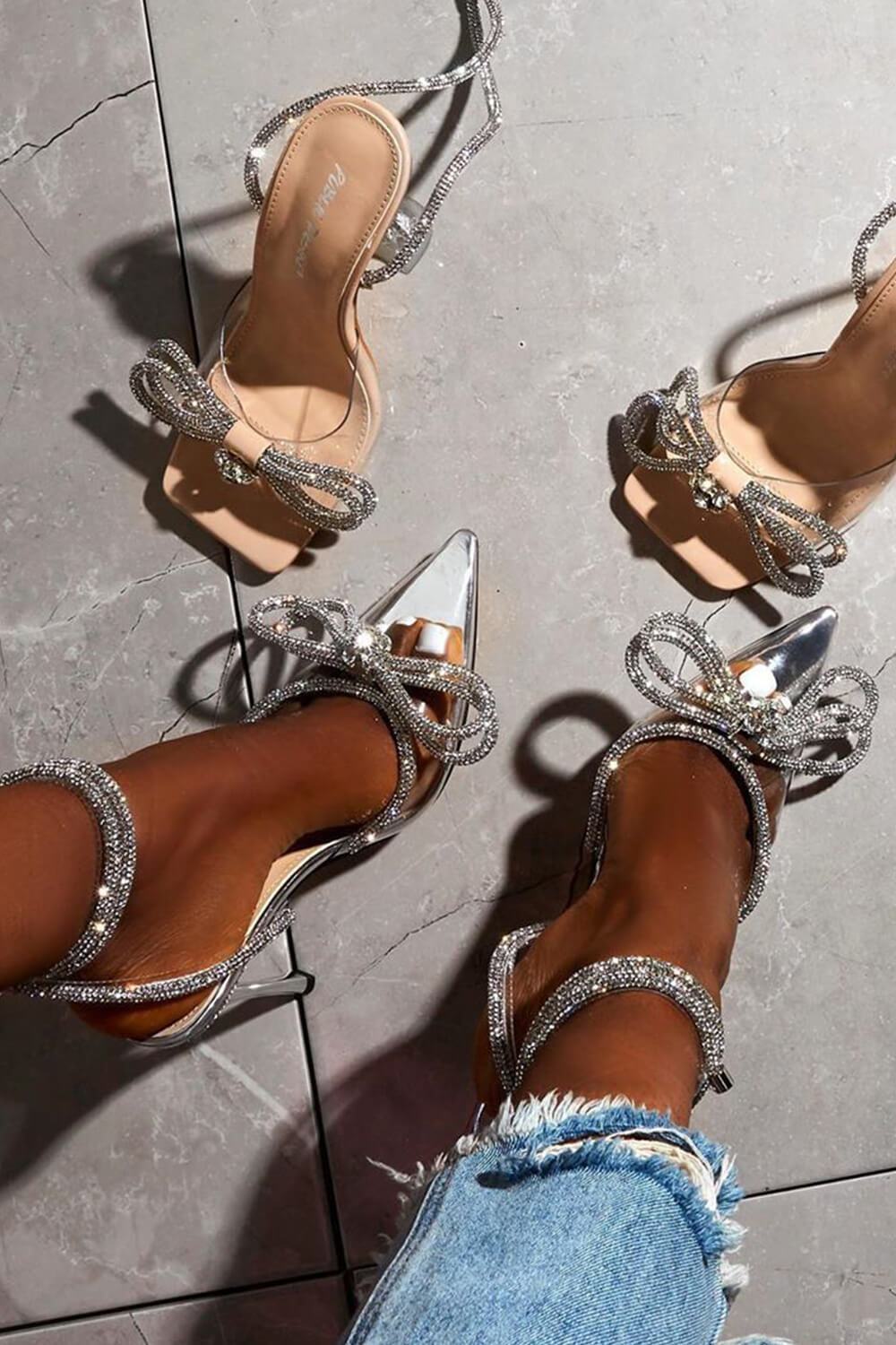 Clear Perspex Wrap Around Diamante Bow High Heel