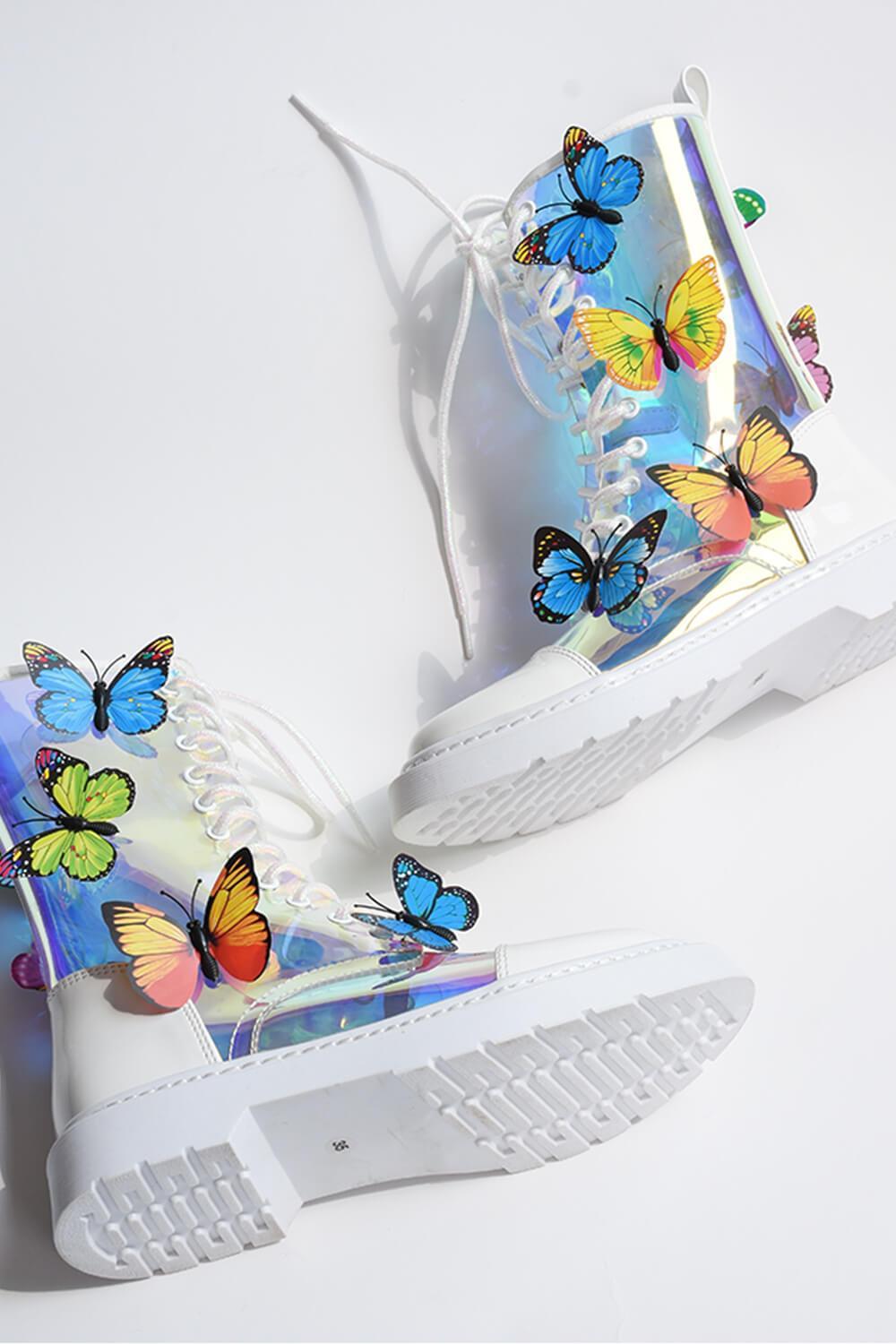 Clear Iridescent Butterfly Lace Up Mid-Calf Flat Boots