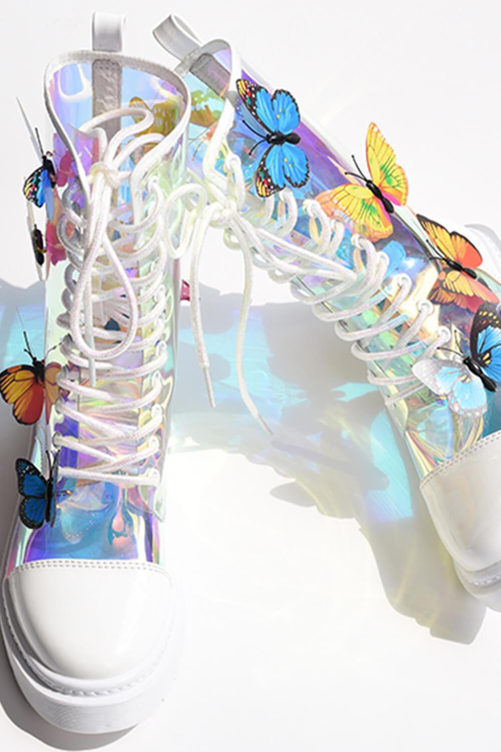 Clear Iridescent Butterfly Lace Up Mid-Calf Flat Boots