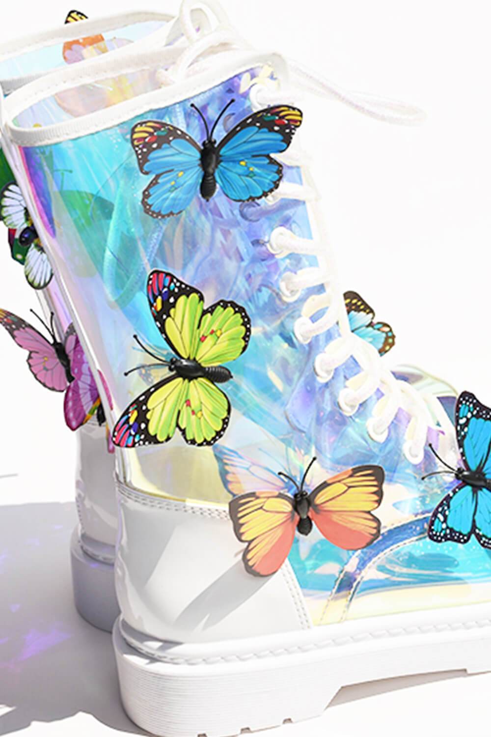 Clear Iridescent Butterfly Lace Up Mid-Calf Flat Boots