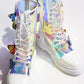 Clear Iridescent Butterfly Lace Up Mid-Calf Flat Boots