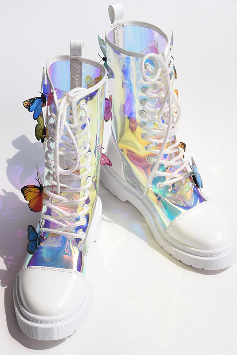 Clear Iridescent Butterfly Lace Up Mid-Calf Flat Boots