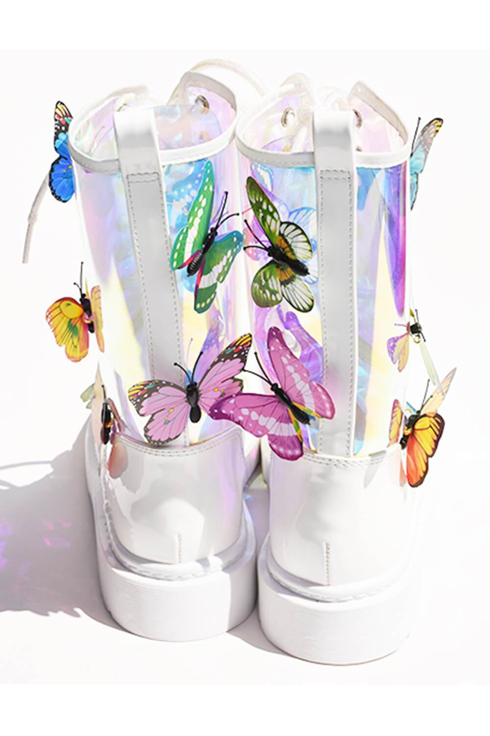 Clear Iridescent Butterfly Lace Up Mid-Calf Flat Boots