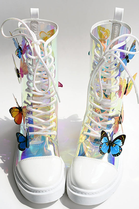 Clear Iridescent Butterfly Lace Up Mid-Calf Flat Boots