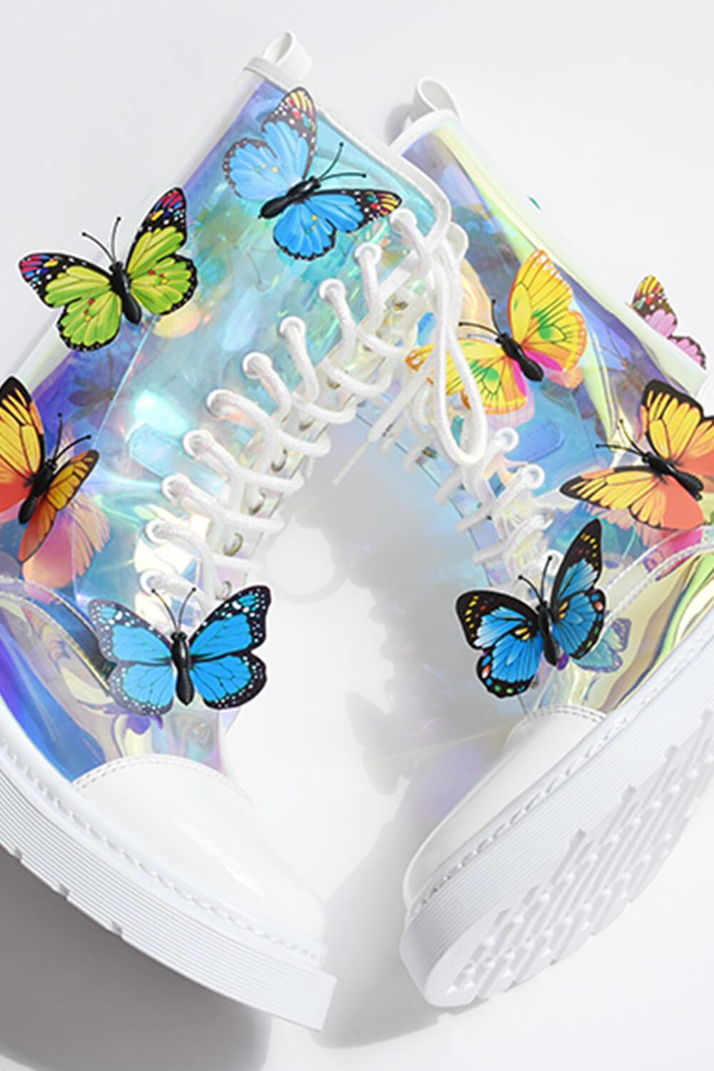 Clear Iridescent Butterfly Lace Up Mid-Calf Flat Boots