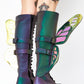 Holographic Rainbow Reflective Lace Up Knee High Combat Boots With Butterfly Wings