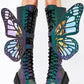 Holographic Rainbow Reflective Lace Up Knee High Combat Boots With Butterfly Wings