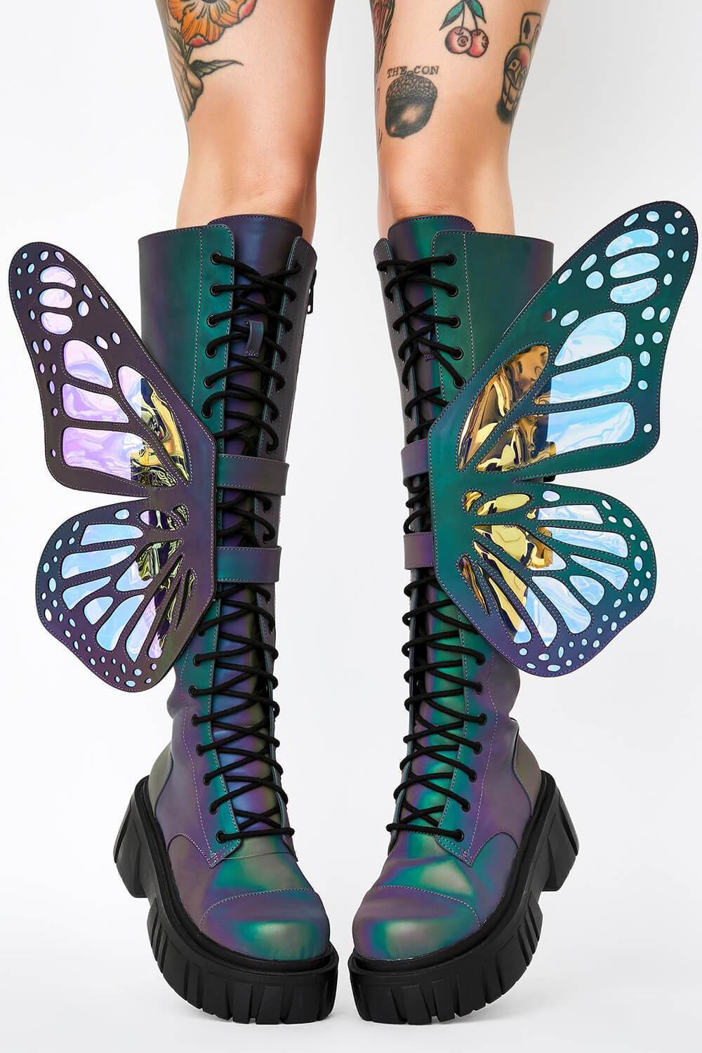 Holographic Rainbow Reflective Lace Up Knee High Combat Boots With Butterfly Wings