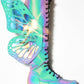 Holographic Rainbow Reflective Lace Up Knee High Combat Boots With Butterfly Wings