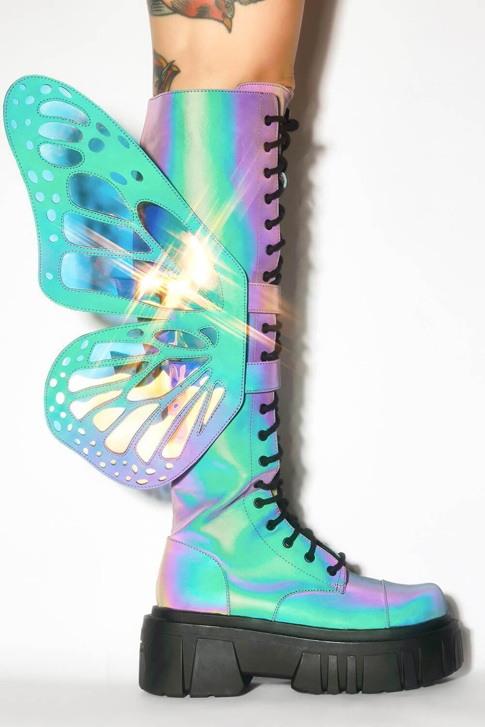 Holographic Rainbow Reflective Lace Up Knee High Combat Boots With Butterfly Wings