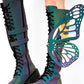 Holographic Rainbow Reflective Lace Up Knee High Combat Boots With Butterfly Wings