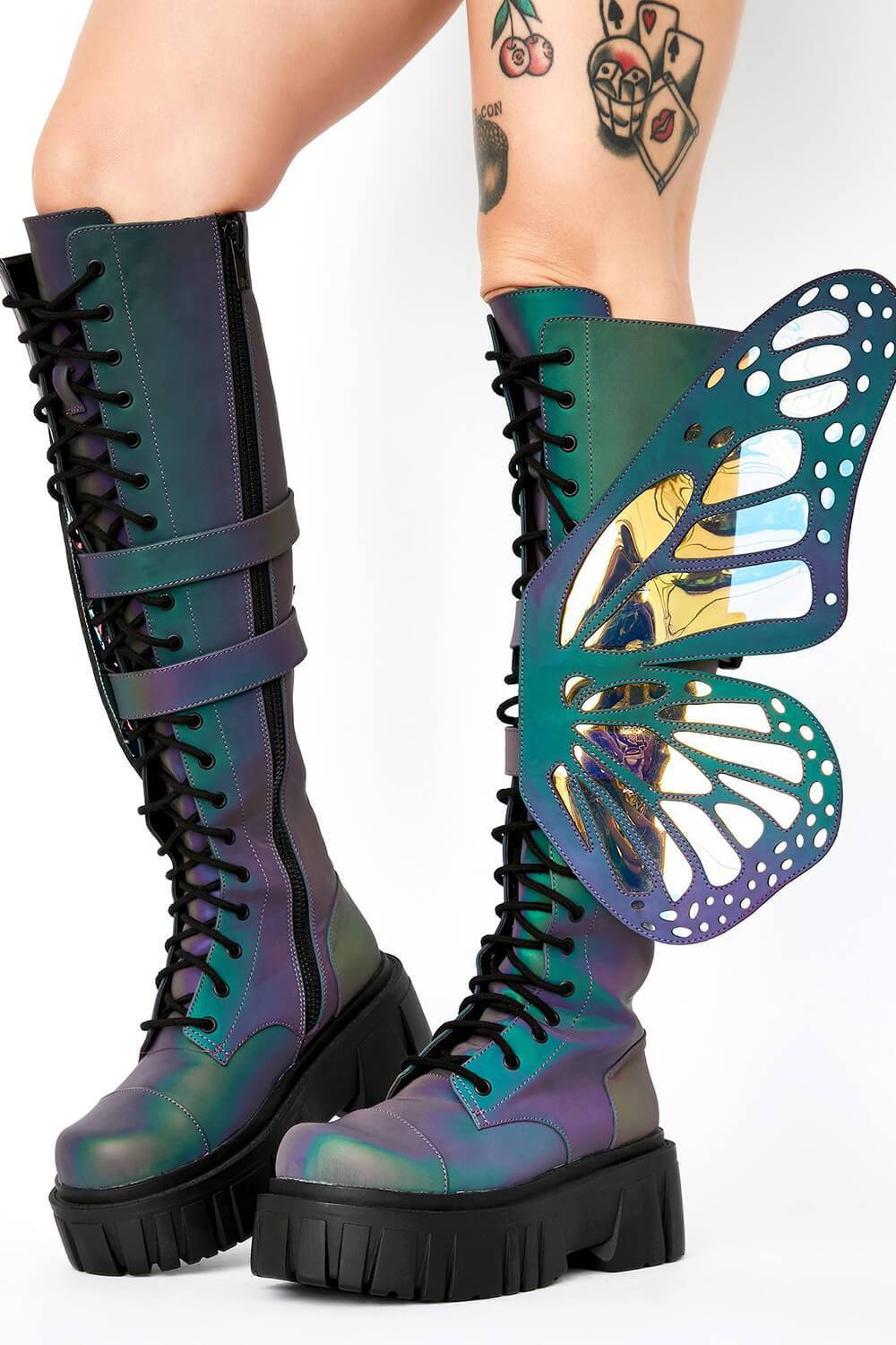 Holographic Rainbow Reflective Lace Up Knee High Combat Boots With Butterfly Wings