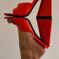 Orange Patent Square Peep Toe Sculptured Flared Block Heel Mules