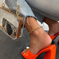 Orange Patent Square Peep Toe Sculptured Flared Block Heel Mules