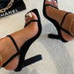 Black Lycra Chain Detail Block Heels