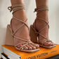 Nude Faux Leather Knotted Detail Lace Up Square Toe Sculptured Flared Block Heels