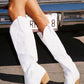 White Embroidered Detail Pointed Toe Knee High Long Western Cowboy Block Heel Boot
