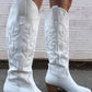 White Embroidered Detail Pointed Toe Knee High Long Western Cowboy Block Heel Boot