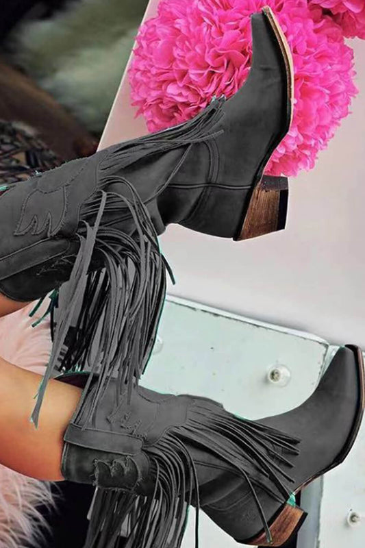 Black Faux Suede Fringe Pointed Toe Western Mid Calf Block Heel Ankle Boots