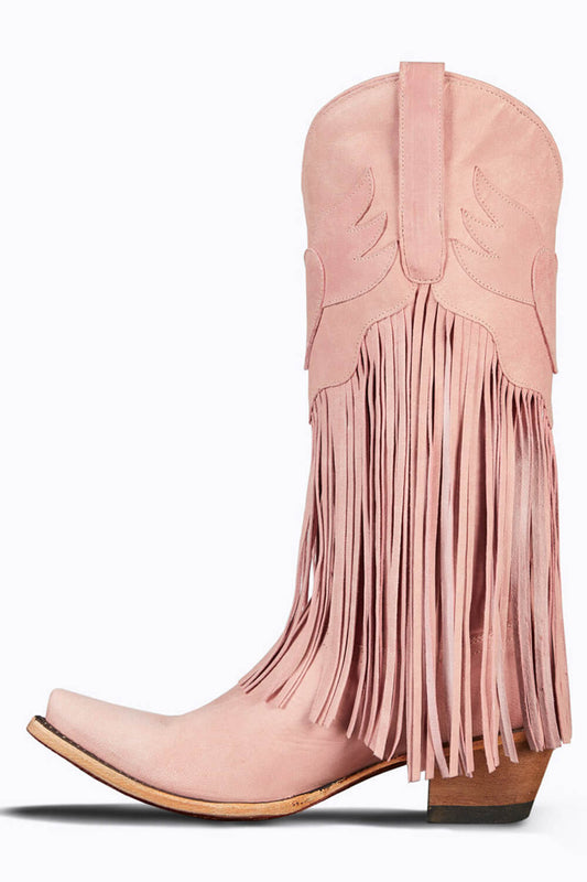 Pink Faux Suede Fringe Pointed Toe Western Mid Calf Block Heel Ankle Boots