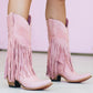 Pink Faux Suede Fringe Pointed Toe Western Mid Calf Block Heel Ankle Boots