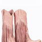 Pink Faux Suede Fringe Pointed Toe Western Mid Calf Block Heel Ankle Boots