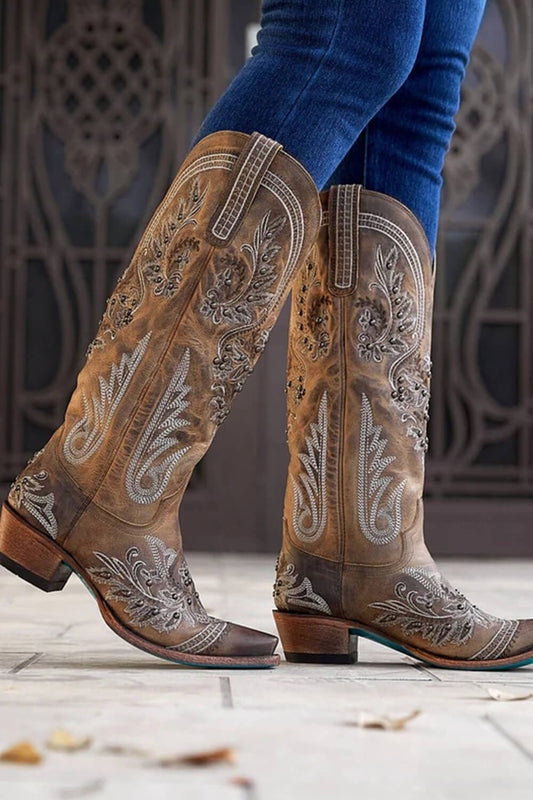 Brown Crystal Embroidered Detail Pointed Toe Knee High Long Western Cowboy Block Heel Boot