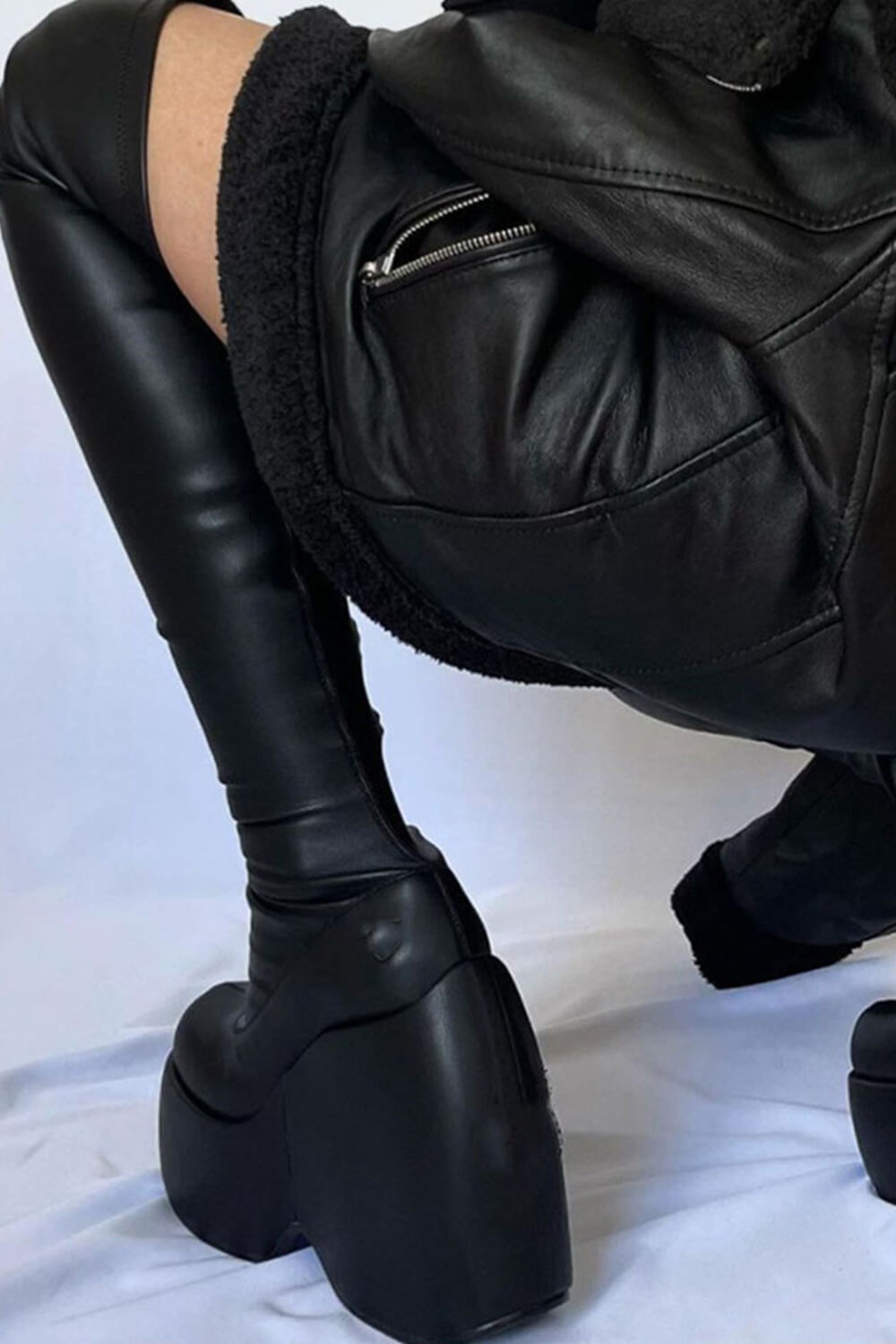Black Zip Detail Chunky Platform Wedge Over The Knee Thigh High Long Bike Boot