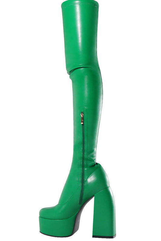Green Zip Detail Chunky Platform Sole Block Heel Over The Knee Thigh High Long Sock Boot