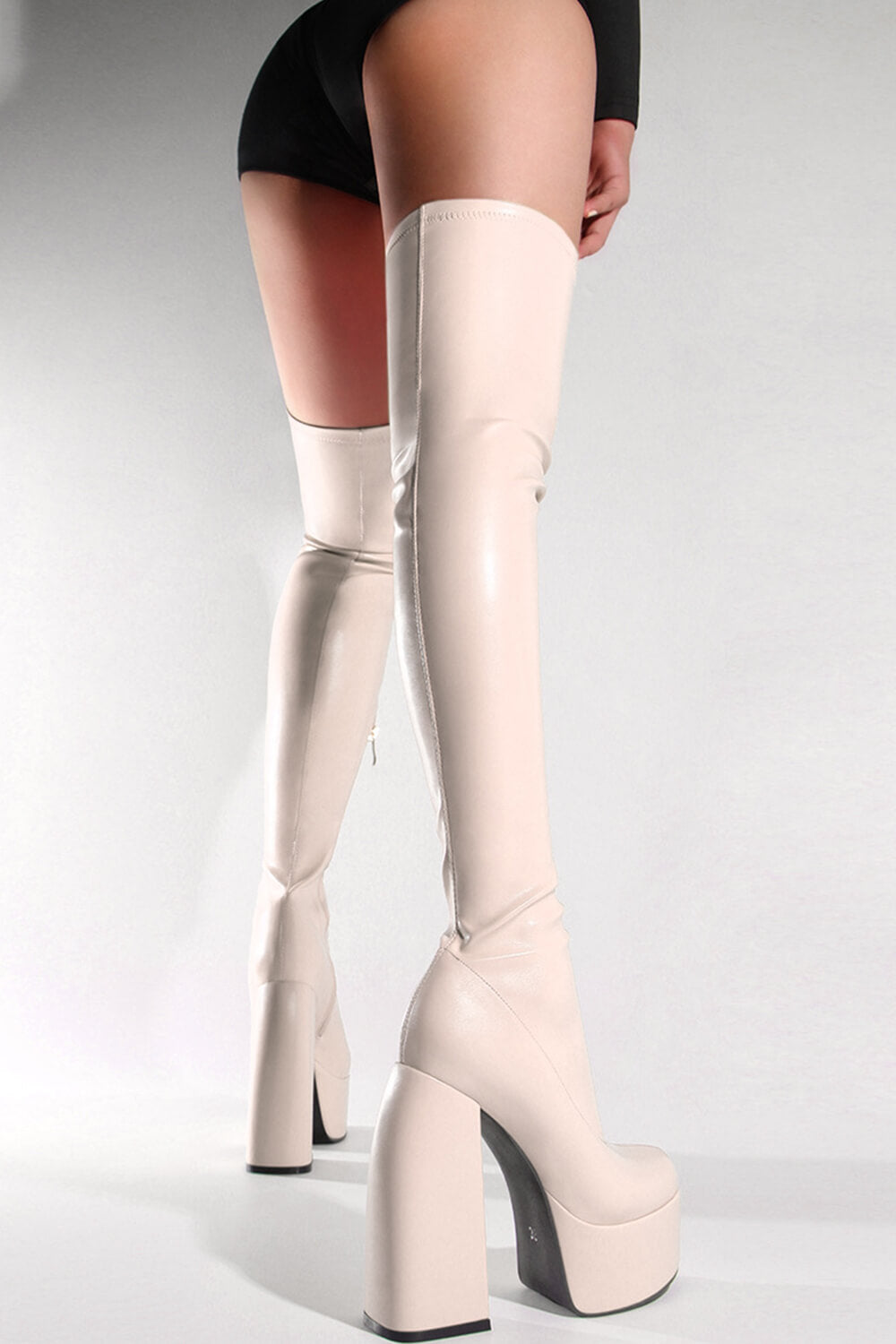 Beige Zip Detail Chunky Platform Sole Block Heel Over The Knee Thigh High Long Sock Boot