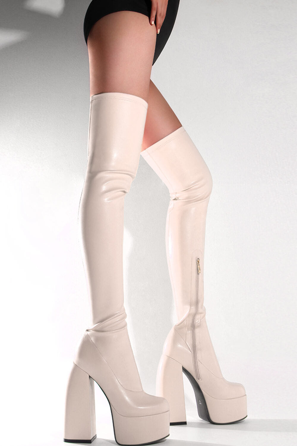 Beige Zip Detail Chunky Platform Sole Block Heel Over The Knee Thigh High Long Sock Boot