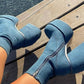 Blue Denim Closed Round Toe Chunky Platform Block Heel Ankle Sock Boot
