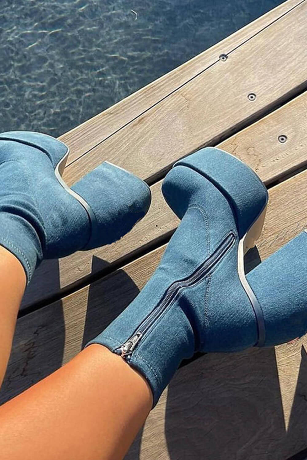 Blue Denim Closed Round Toe Chunky Platform Block Heel Ankle Sock Boot