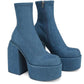 Blue Denim Closed Round Toe Chunky Platform Block Heel Ankle Sock Boot