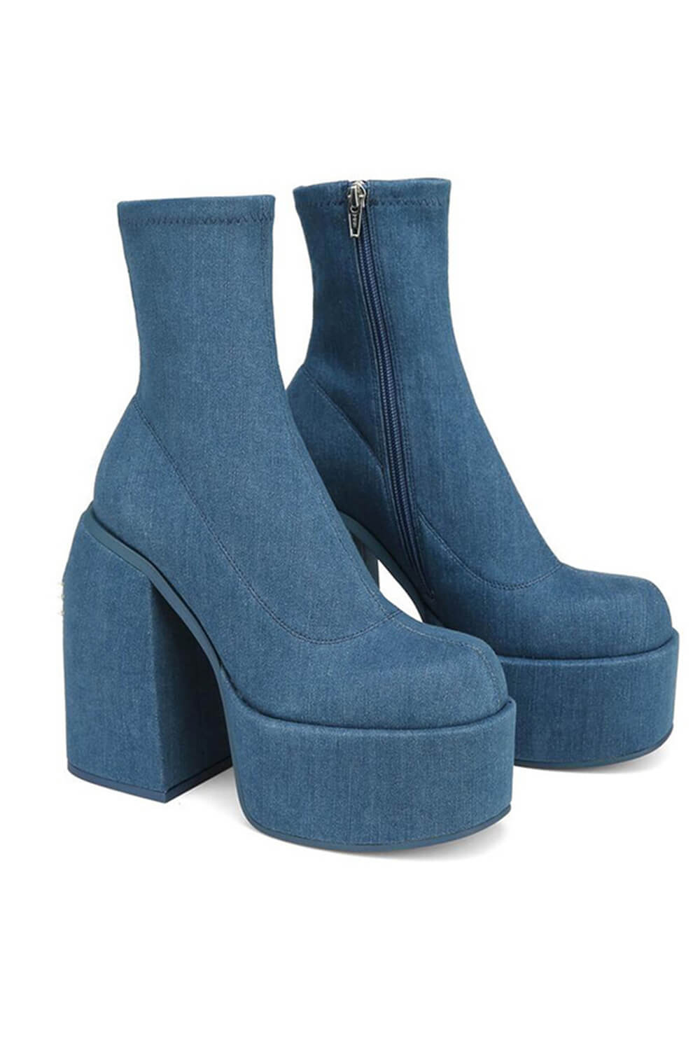 Blue Denim Closed Round Toe Chunky Platform Block Heel Ankle Sock Boot