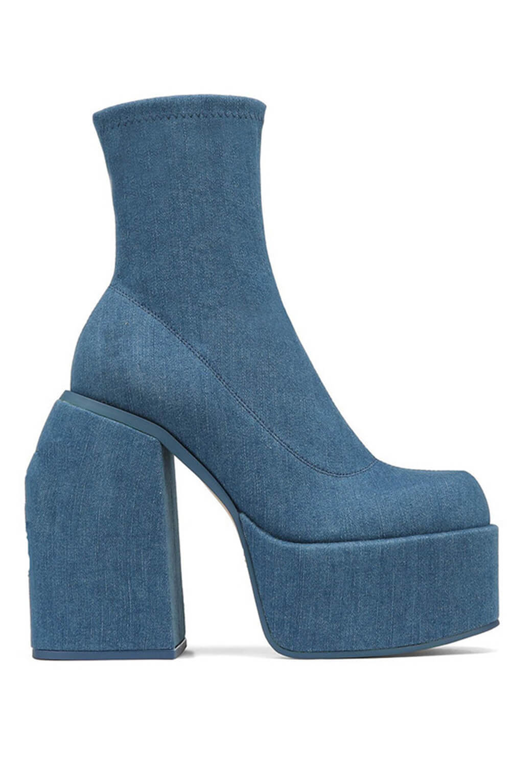 Blue Denim Closed Round Toe Chunky Platform Block Heel Ankle Sock Boot