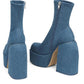 Blue Denim Closed Round Toe Chunky Platform Block Heel Ankle Sock Boot