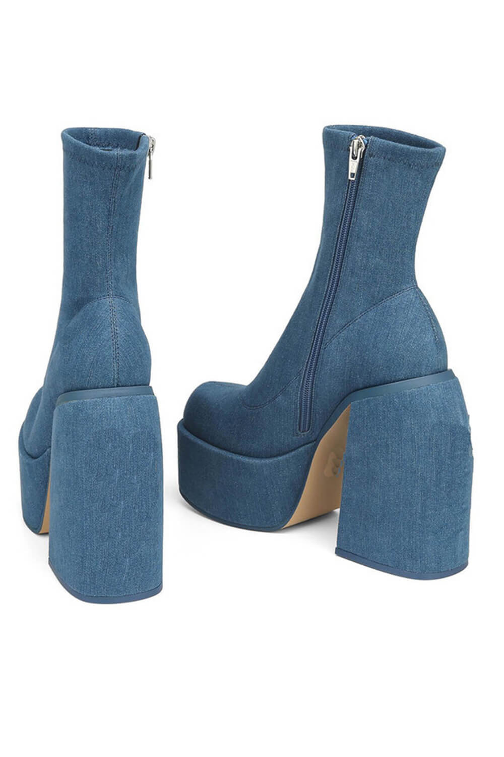 Blue Denim Closed Round Toe Chunky Platform Block Heel Ankle Sock Boot