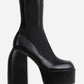 Black Closed Square Toe Chunky Platform Block Heel Ankle Sock Boot