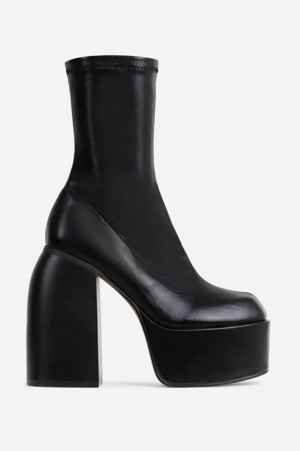 Black Closed Square Toe Chunky Platform Block Heel Ankle Sock Boot