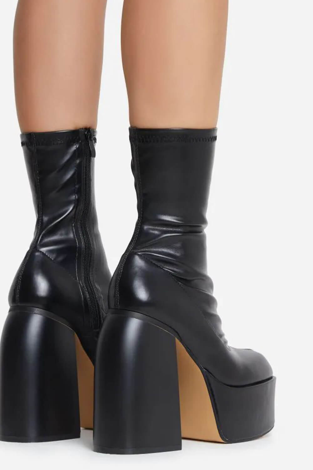 Black Closed Square Toe Chunky Platform Block Heel Ankle Sock Boot