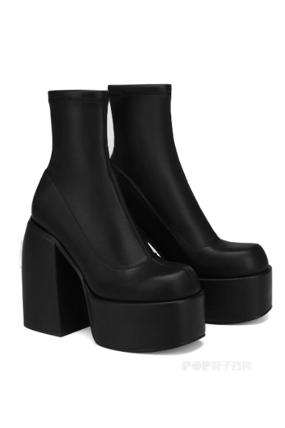 Black Closed Square Toe Chunky Platform Block Heel Ankle Sock Boot