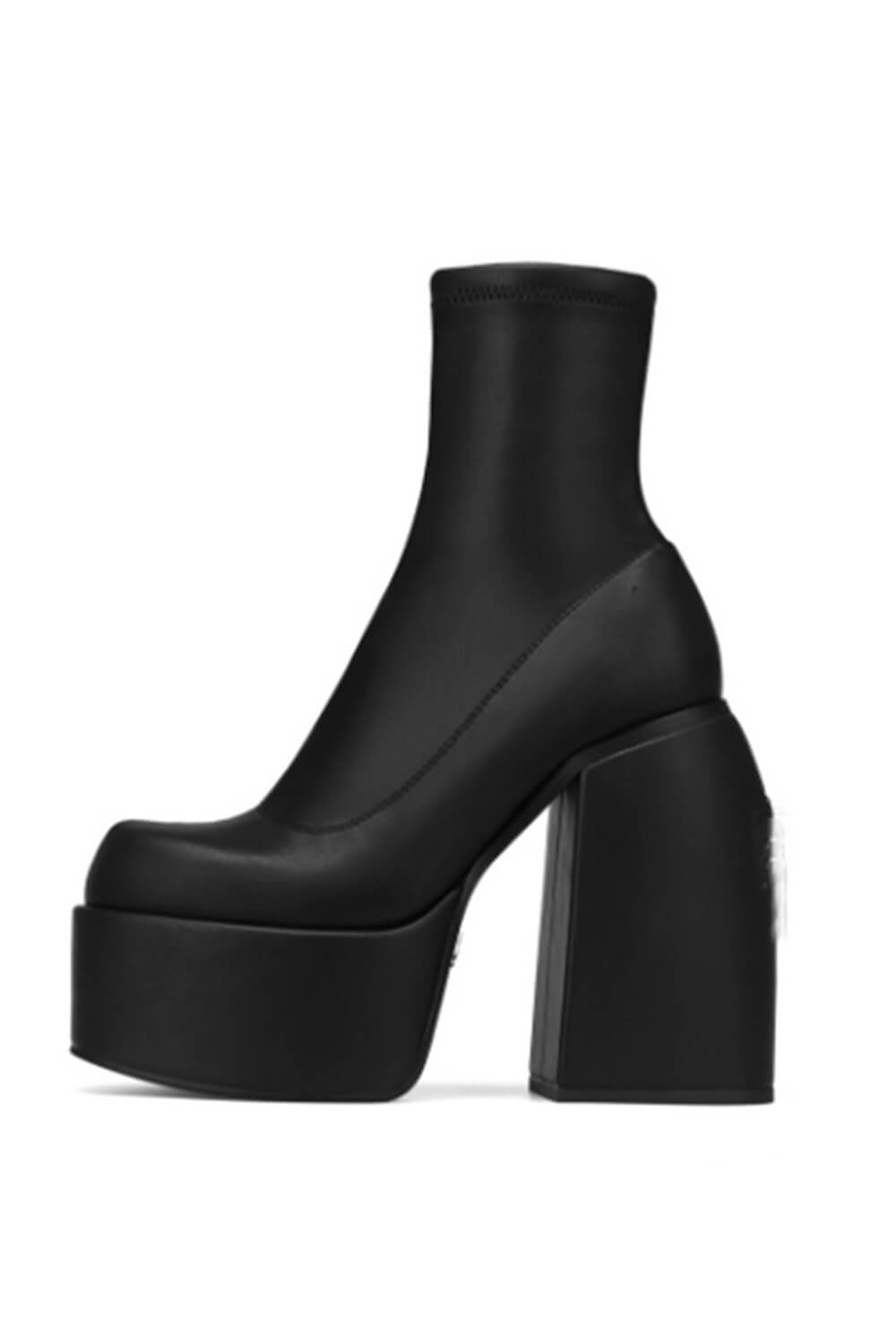 Black Closed Square Toe Chunky Platform Block Heel Ankle Sock Boot