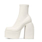 Beige Closed Square Toe Chunky Platform Block Heel Ankle Sock Boot