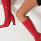 Faux Croc Print Block Heel Mid Calf Knee High Boots - Red