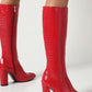Faux Croc Print Block Heel Mid Calf Knee High Boots - Red