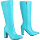 Faux Croc Print Block Heel Mid Calf Knee High Boots - Cyan