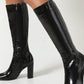 Faux Croc Print Block Heel Mid Calf Knee High Boots - Black